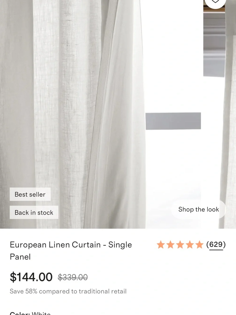 Quince white Linen Curtain Panel in White. Brand new!